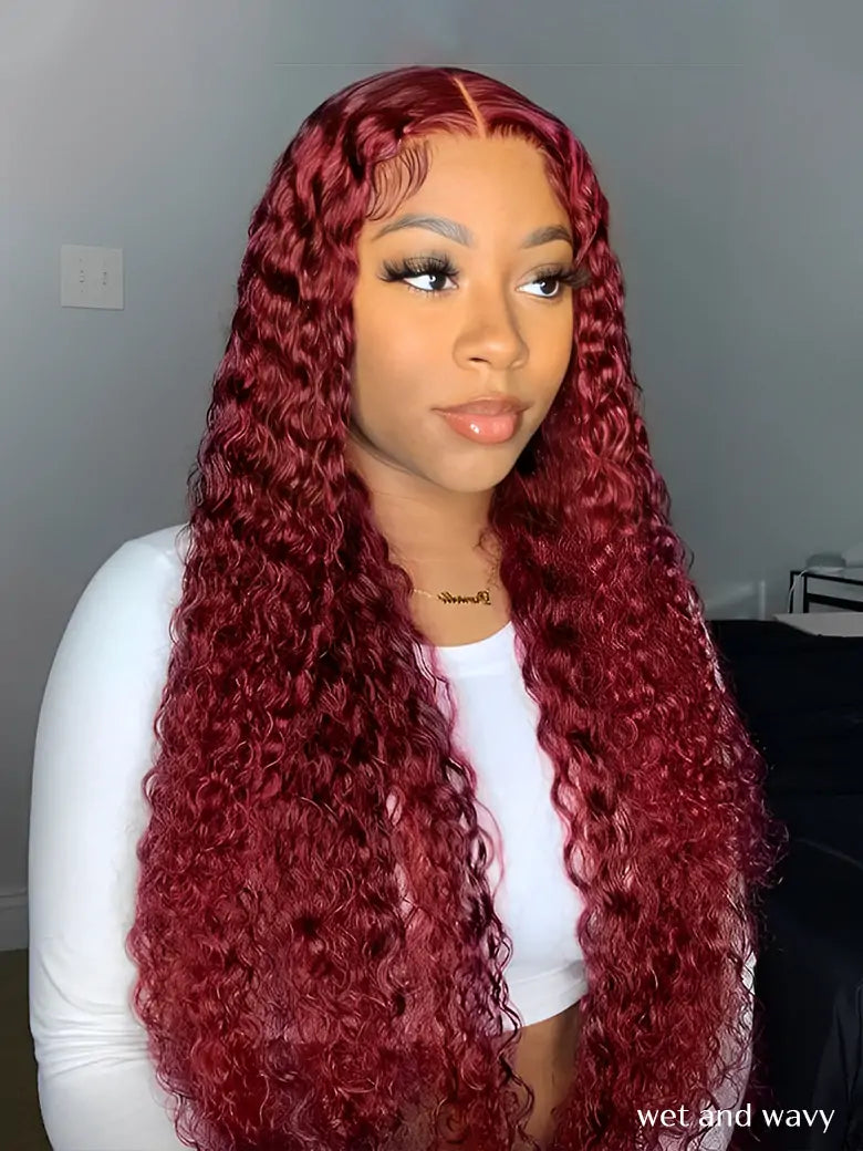 OnlyLove hair model show burgundy hair deep curly 13x4 lace front wig wet and wavy