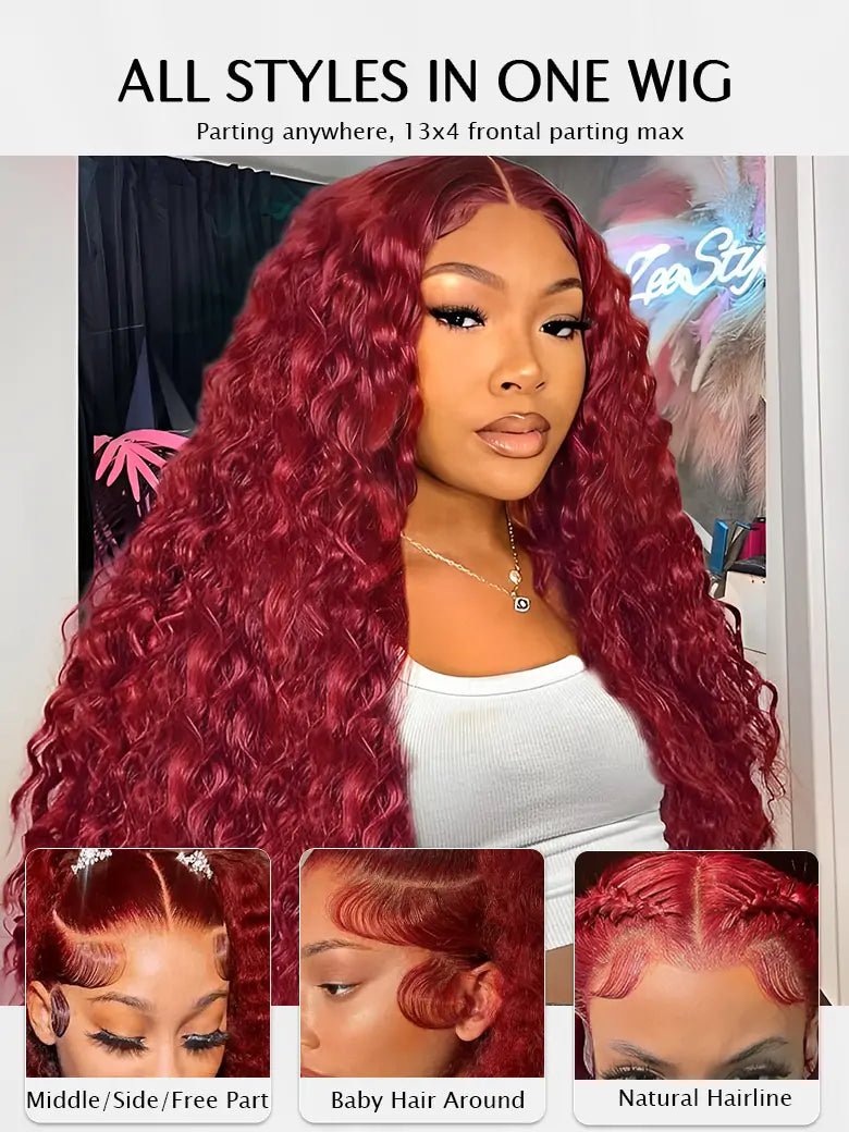 OnlyLove hair burgundy hair deep curly 13x4 lace front wig dark red human hair wigs