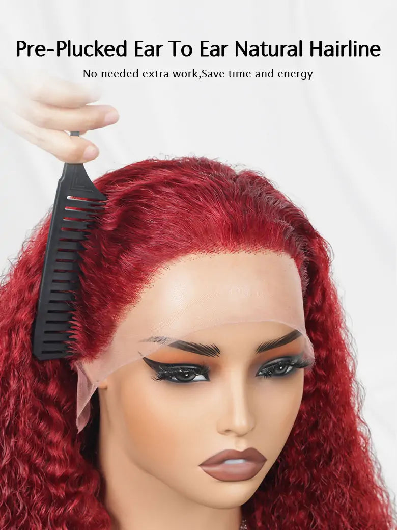OnlyLove hair burgundy hair deep curly 13x4 lace wig pre-plucked ear-to-ear natural hairine