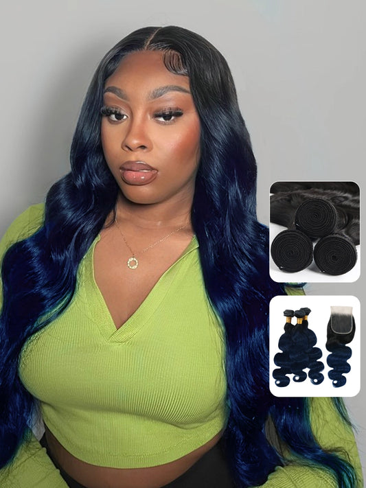 OnlyLove Hair Black Blue Ombre Human Hair Weave 3 Bundles With Closure Body Wave